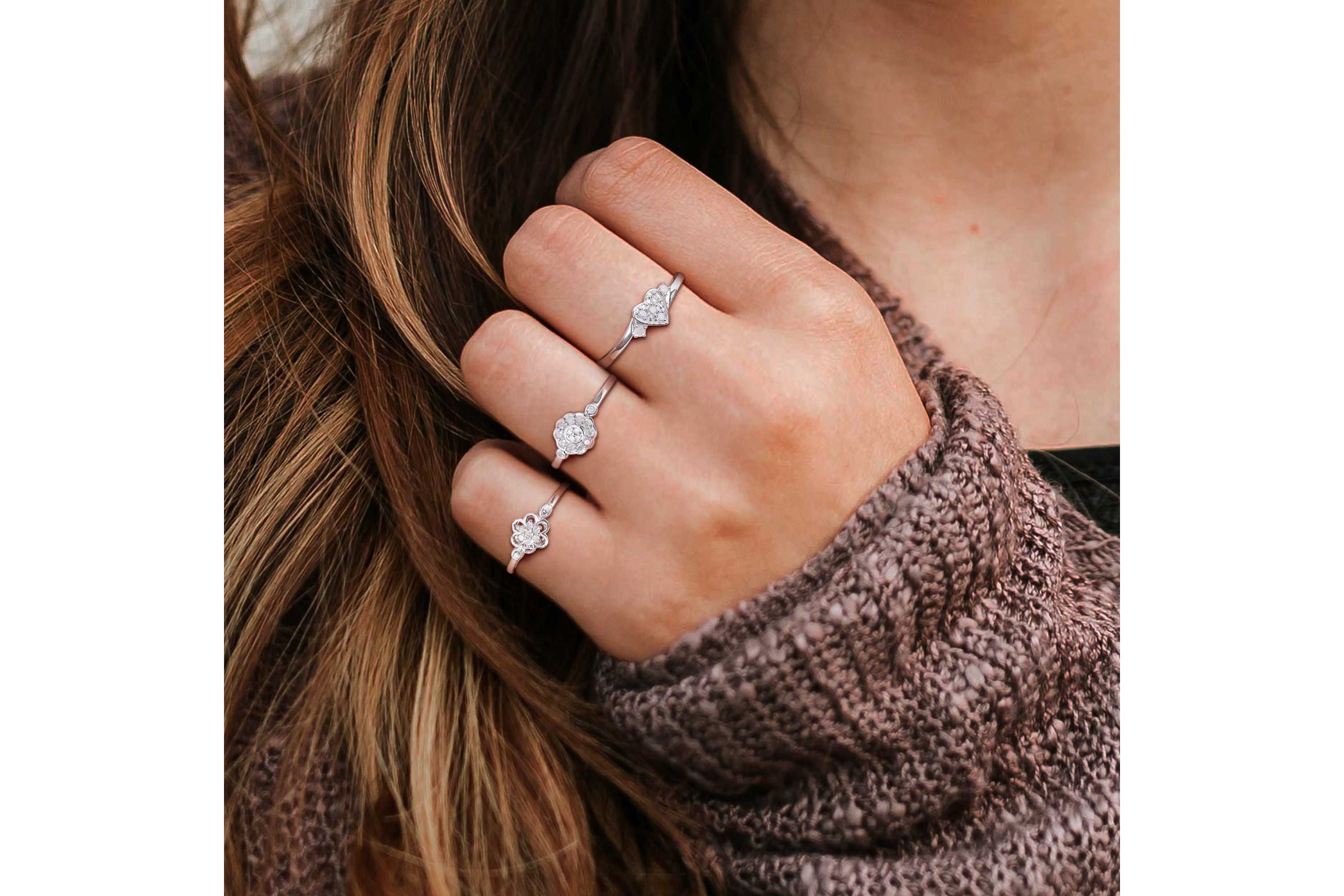 3-Pc Set of 3/8 ct. t.w. Diamond Heart & Flower Ring Set in Sterling Silver