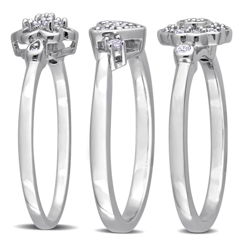 3-Pc Set of 3/8 ct. t.w. Diamond Heart & Flower Ring Set in Sterling Silver