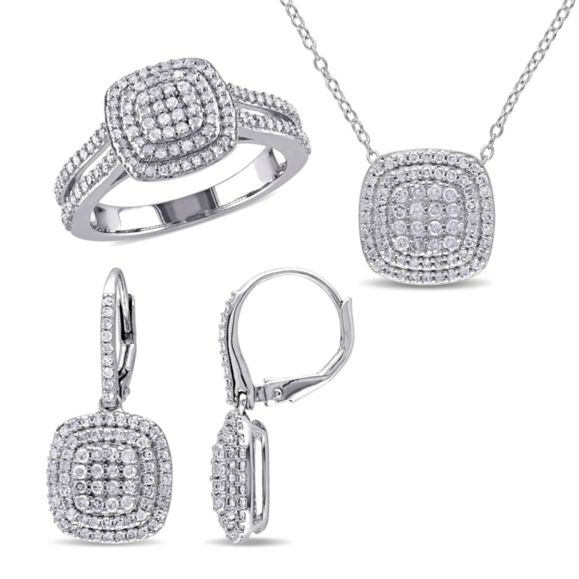 3-Pc Set of 1.92 ct. t.w. Diamond Double Halo Ring, Earrings & Pendant with Chain in Sterling Silver