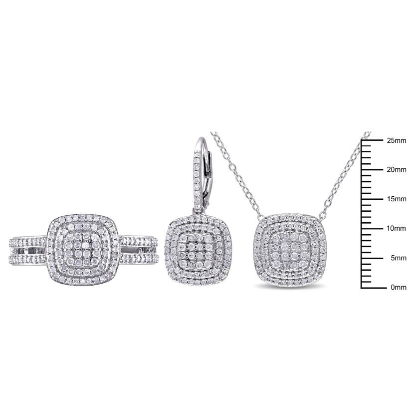 3-Pc Set of 1.92 ct. t.w. Diamond Double Halo Ring, Earrings & Pendant with Chain in Sterling Silver