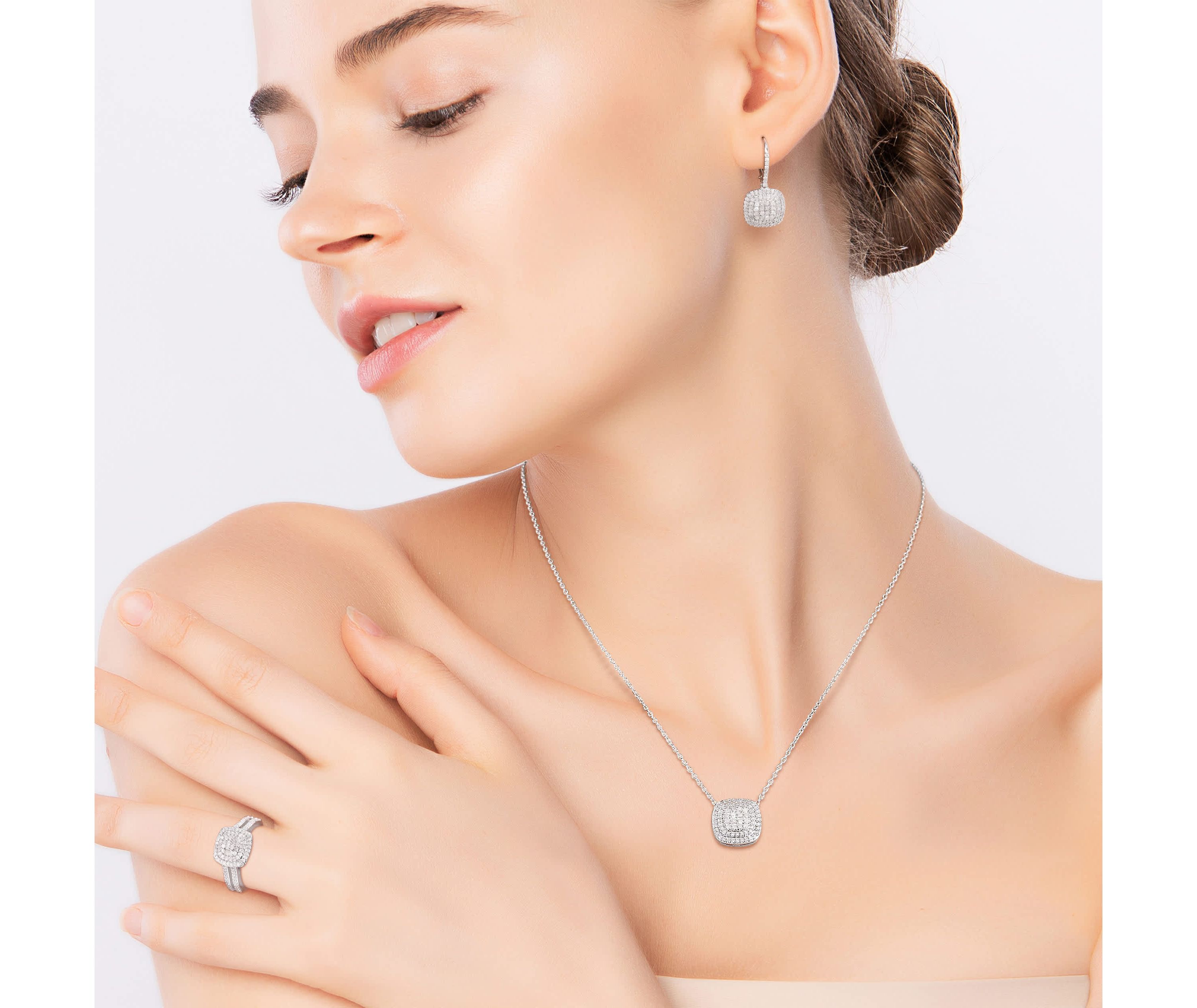 3-Pc Set of 1.92 ct. t.w. Diamond Double Halo Ring, Earrings & Pendant with Chain in Sterling Silver