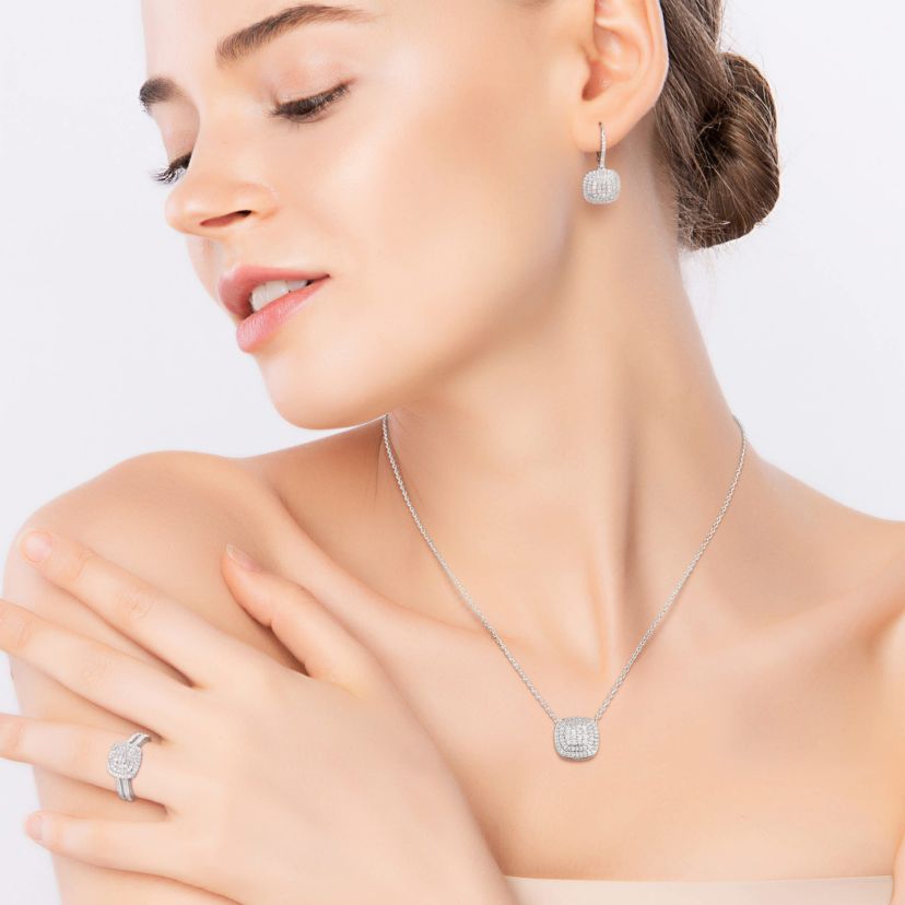 3-Pc Set of 1.92 ct. t.w. Diamond Double Halo Ring, Earrings & Pendant with Chain in Sterling Silver