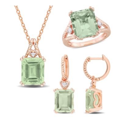 Belk & Co 3-Pc Set of Green Quartz & White Topaz Ring, Earrings & Pendant with Chain in Rose Plated Sterling Silver, Pink, 6
