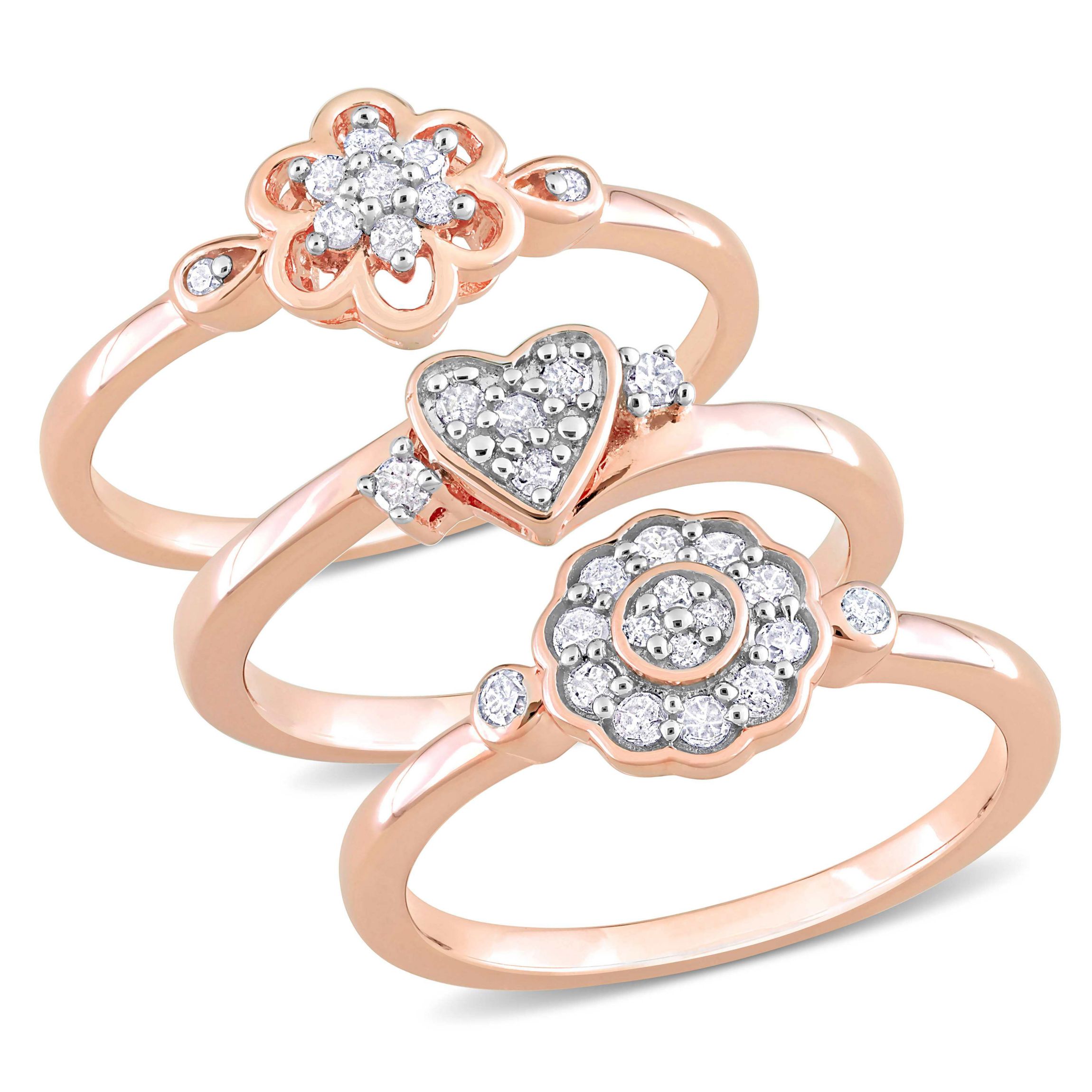 3-Pc Set of 3/8 ct. t.w. Diamond Heart & Flower Ring Set in Rose Plated Sterling Silver