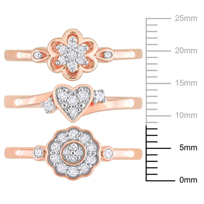 3-Pc Set of 3/8 ct. t.w. Diamond Heart & Flower Ring Set in Rose Plated Sterling Silver