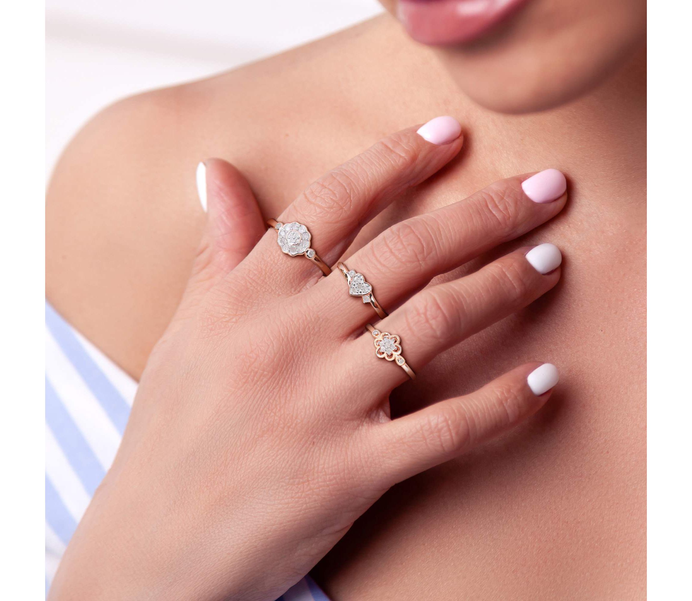 3-Pc Set of 3/8 ct. t.w. Diamond Heart & Flower Ring Set in Rose Plated Sterling Silver