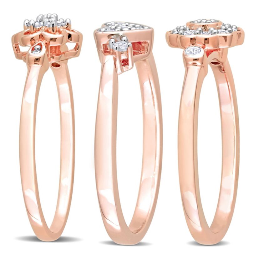 3-Pc Set of 3/8 ct. t.w. Diamond Heart & Flower Ring Set in Rose Plated Sterling Silver
