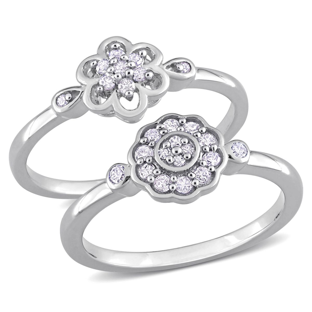 2-Pc Set of 1/3 ct. t.w. Diamond Flower Ring Set in Sterling Silver