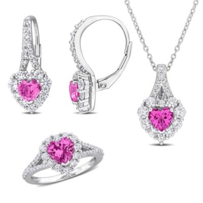 Belk & Co Lab Created 3-Pc Set of Pink & White Sapphire Halo Heart Ring, Earrings & Pendant with Chain in Sterling Silver, 7