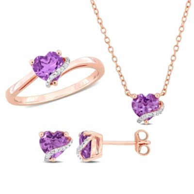 Belk & Co 3-Pc Set of Amethyst & Diamond Accent Heart Swirl Ring, Earrings & Necklace in Rose Plated Sterling Silver