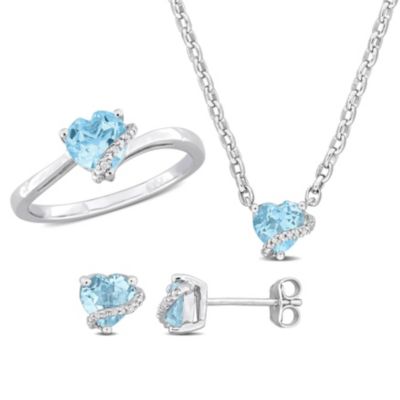 Belk & Co 3-Pc Set of Sky Blue Topaz & Diamond Accent Heart Swirl Ring, Earrings & Necklace in Sterling Silver