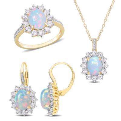 Belk & Co 3-Pc Set of Blue Opal & White Topaz with 1/6 ct. t.w. Diamond Halo Ring, Earrings & Pendant with Chain in Yellow Plated Sterling Silver