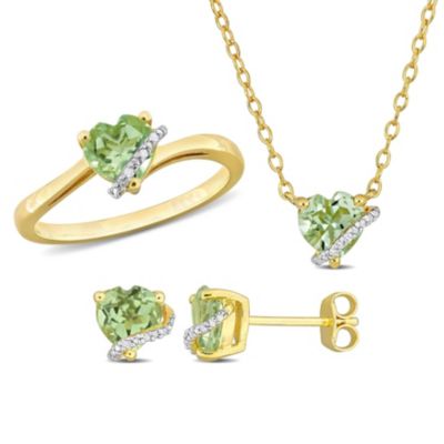 Belk & Co 3-Pc Set of Green Quartz & Diamond Accent Heart Swirl Ring, Earrings & Necklace in Yellow Plated Sterling Silver
