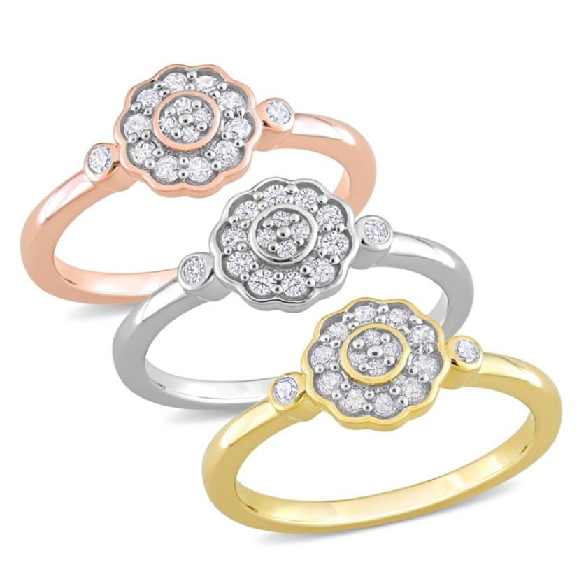 3-Pc Set of 5/8 ct. t.w. Diamond Flower Ring Set in 3-Tone Sterling Silver