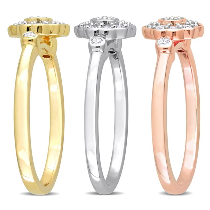 3-Pc Set of 5/8 ct. t.w. Diamond Flower Ring Set in 3-Tone Sterling Silver