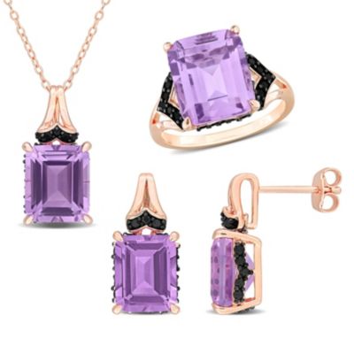 Belk & Co 3-Pc Set of Rose de France & Black Sapphire Ring, Earrings & Pendant with Chain in Rose Plated Sterling Silver, Pink, 6
