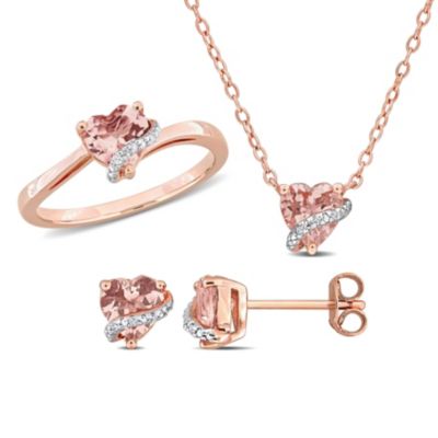 Belk & Co 3-Pc Set of Morganite & Diamond Accent Heart Swirl Ring, Earrings & Necklace in Rose Plated Sterling Silver