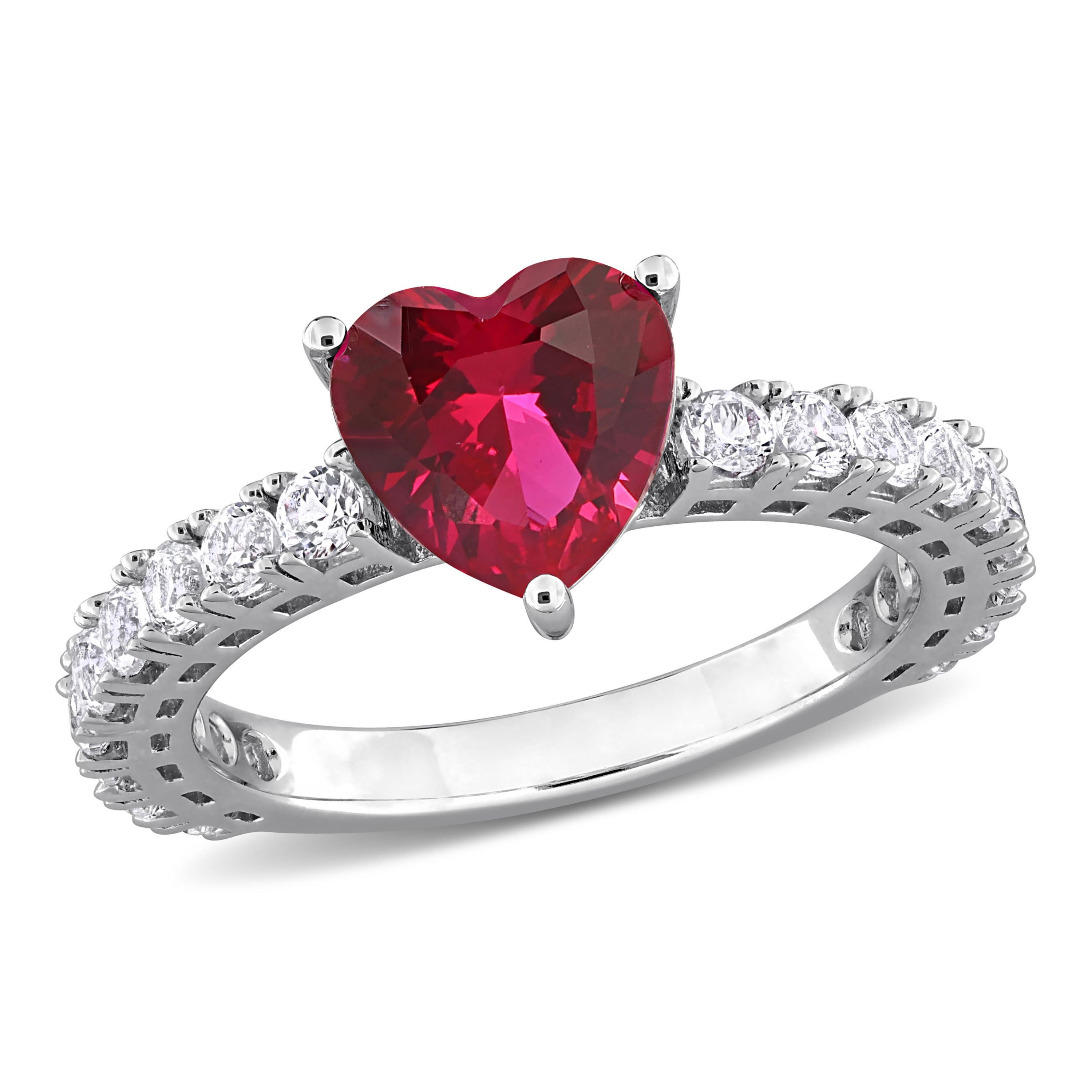 Lab Created Created White Sapphire & Created Ruby Heart Solitaire Ring in Sterling Silver
