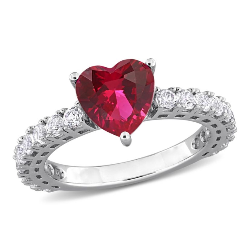 Lab Created Created White Sapphire & Created Ruby Heart Solitaire Ring in Sterling Silver