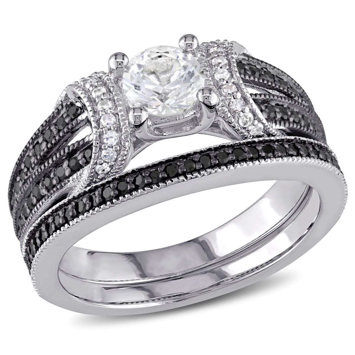 Lab Created Created White Sapphire Split Shank Bridal Set in Sterling Silver with Black Rhodium