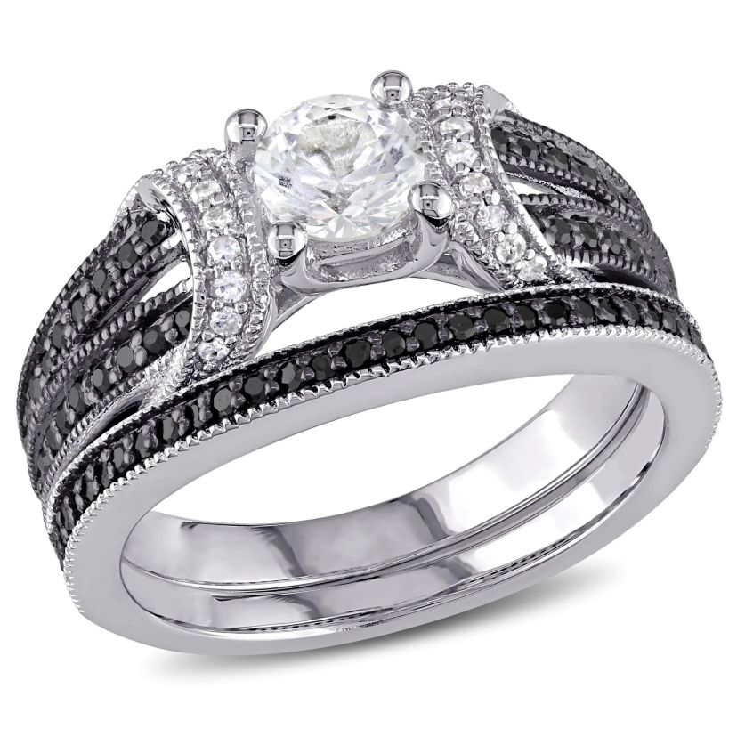 Lab Created Created White Sapphire Split Shank Bridal Set in Sterling Silver with Black Rhodium