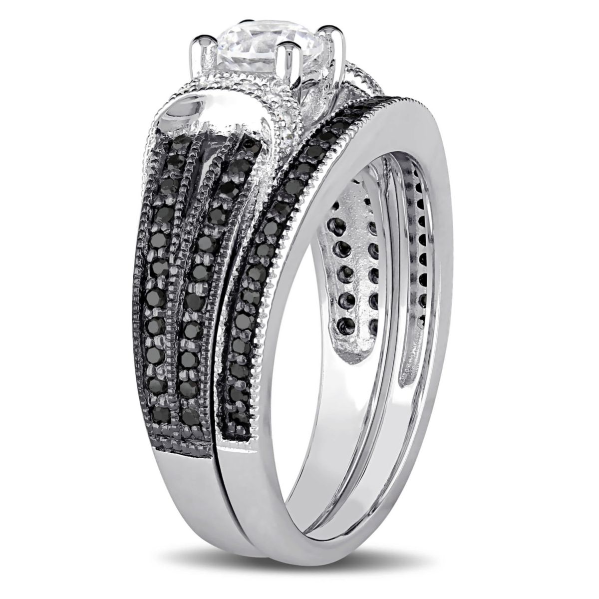 Lab Created Created White Sapphire Split Shank Bridal Set in Sterling Silver with Black Rhodium