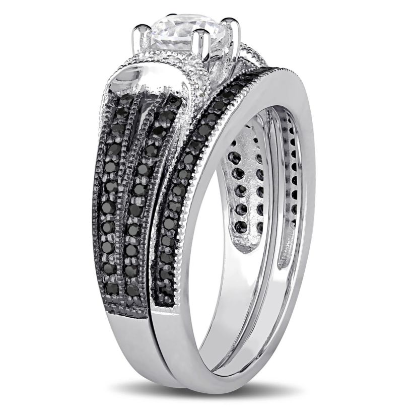 Lab Created Created White Sapphire Split Shank Bridal Set in Sterling Silver with Black Rhodium