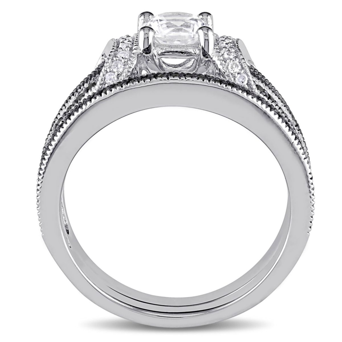 Lab Created Created White Sapphire Split Shank Bridal Set in Sterling Silver with Black Rhodium