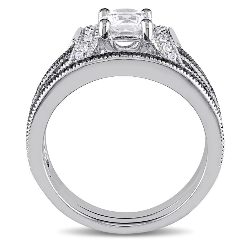 Lab Created Created White Sapphire Split Shank Bridal Set in Sterling Silver with Black Rhodium