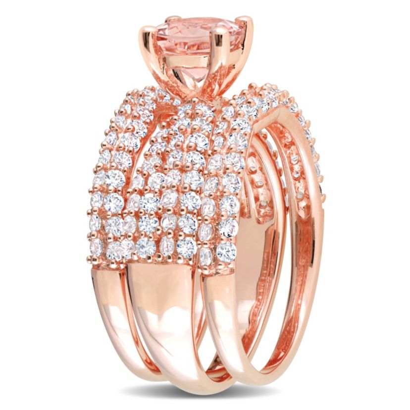 Lab Created Morganite & Created White Sapphire Bridal Set in Rose Plated Sterling Silver