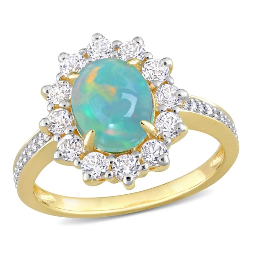 Ethiopian Opal-Blue & White Topaz Halo Ring in Yellow Plated Sterling Silver