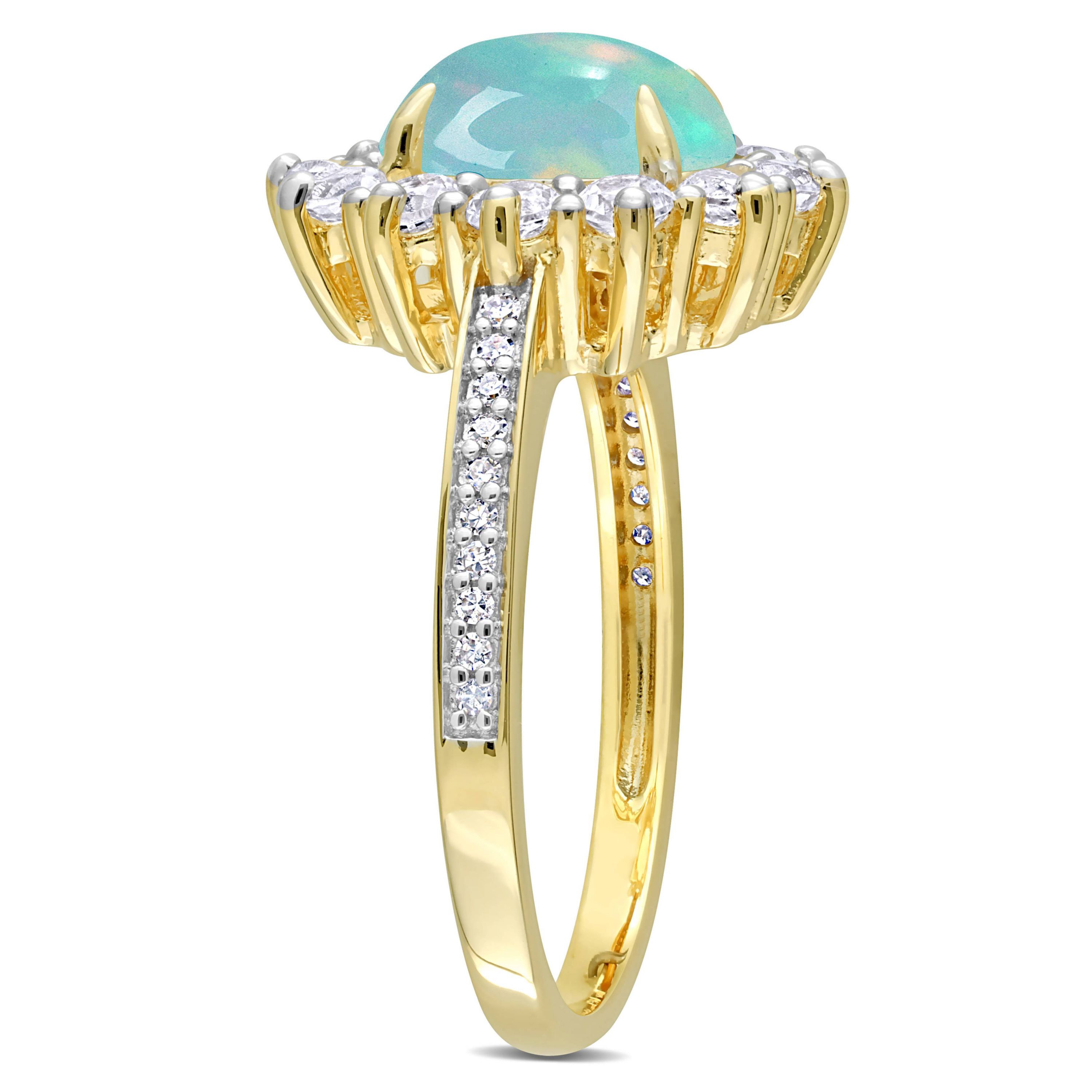 Ethiopian Opal-Blue & White Topaz Halo Ring in Yellow Plated Sterling Silver