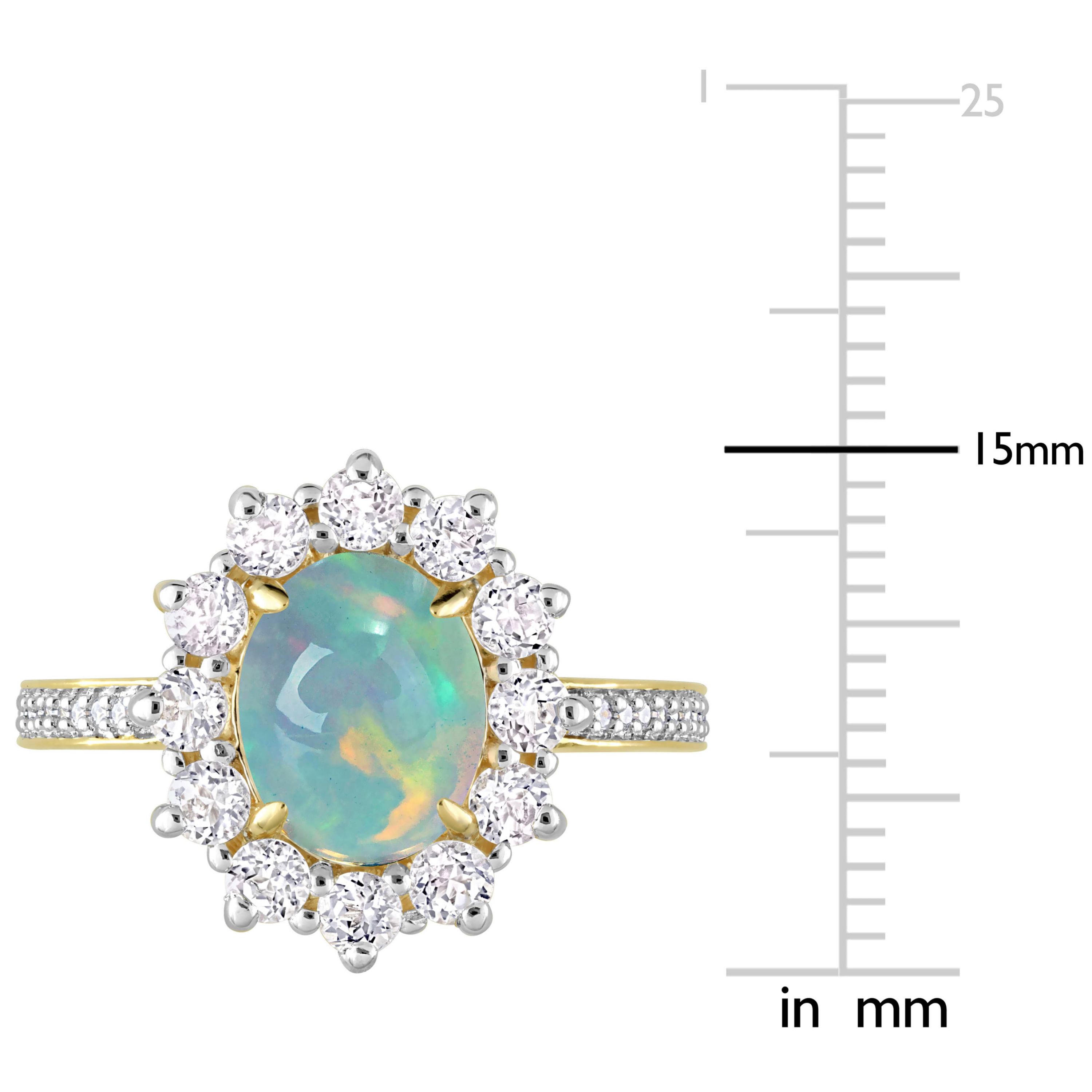 Ethiopian Opal-Blue & White Topaz Halo Ring in Yellow Plated Sterling Silver
