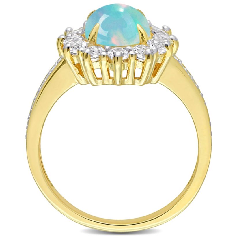 Ethiopian Opal-Blue & White Topaz Halo Ring in Yellow Plated Sterling Silver