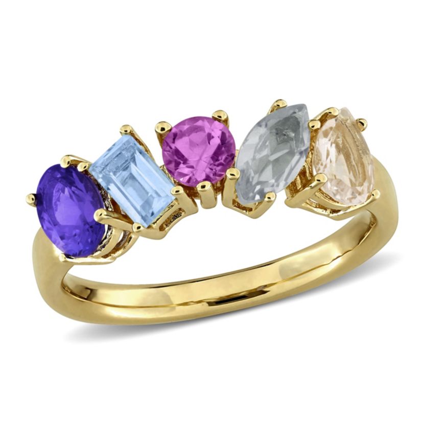 Green Quartz Morganite Tanzanite Sky Blue Topaz Pink Amethyst 5-Stone Ring in Yellow Plated Sterling Silver