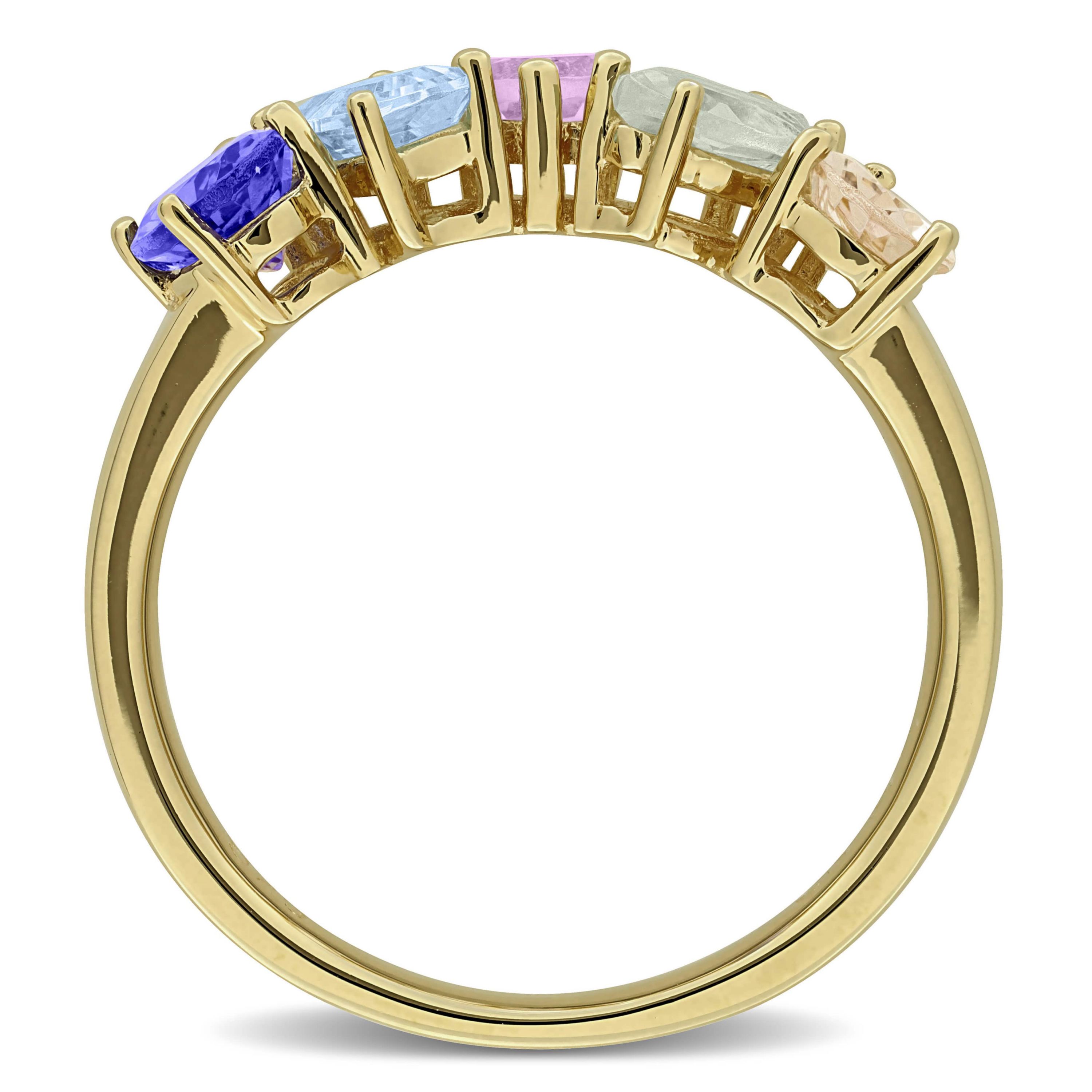 Green Quartz Morganite Tanzanite Sky Blue Topaz Pink Amethyst 5-Stone Ring in Yellow Plated Sterling Silver