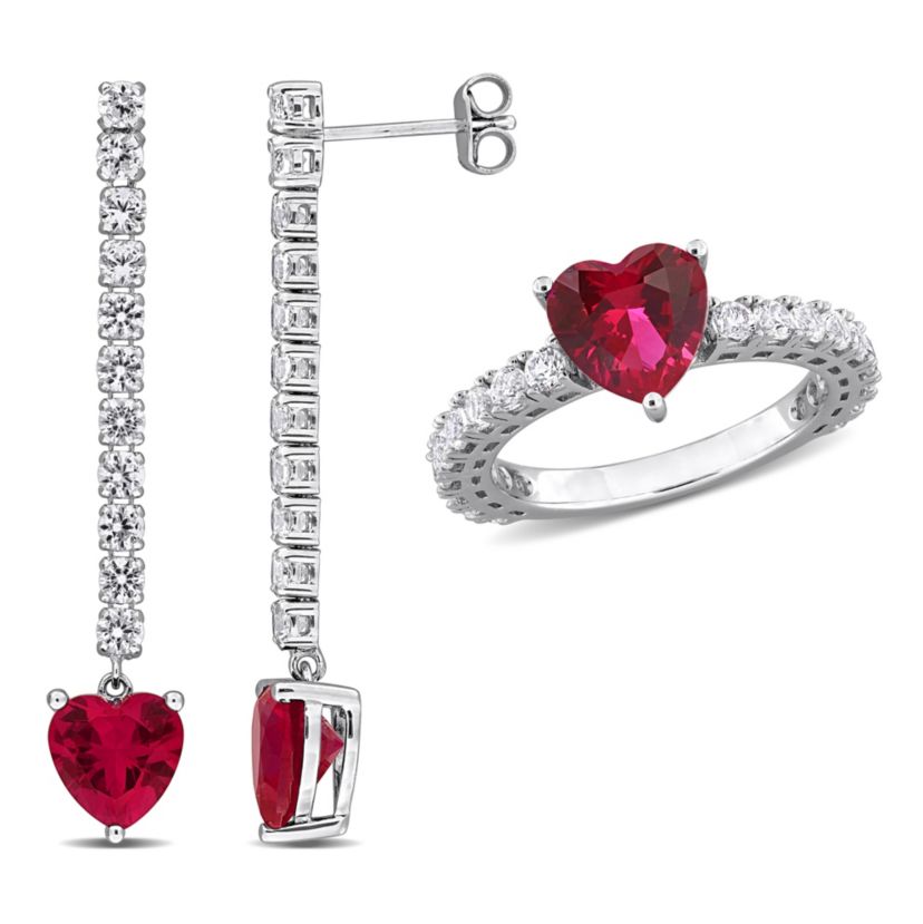 Lab Created Created Ruby & White Sapphire Heart Drop Earrings & Heart Ring Set in Sterling Silver