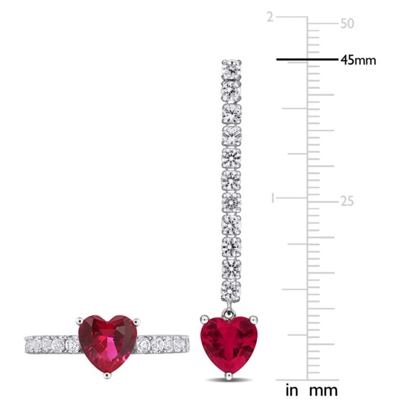Lab Created Created Ruby & White Sapphire Heart Drop Earrings & Heart Ring Set in Sterling Silver