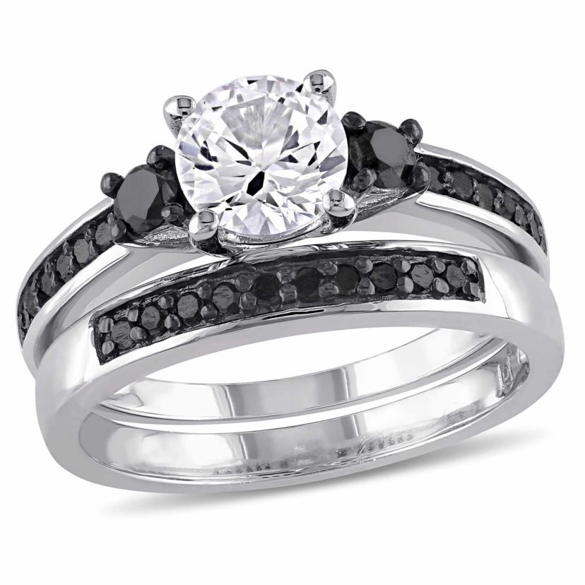 Lab Created Created White Sapphire Bridal Set in Sterling Silver with Black Rhodium