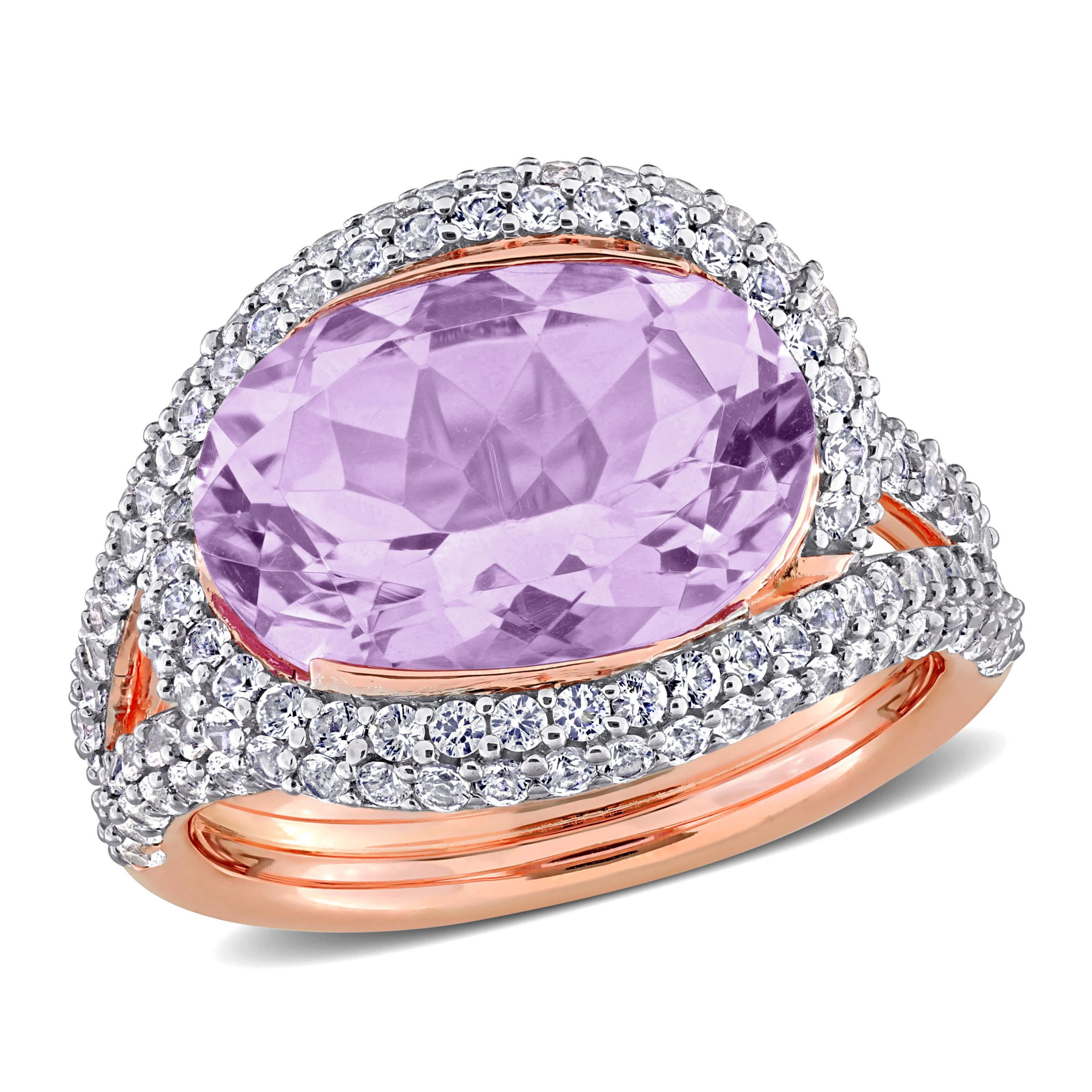 Lab Created Pink Amethyst & Created White Sapphire Halo Crossover Ring in Rose Plated Sterling Silver