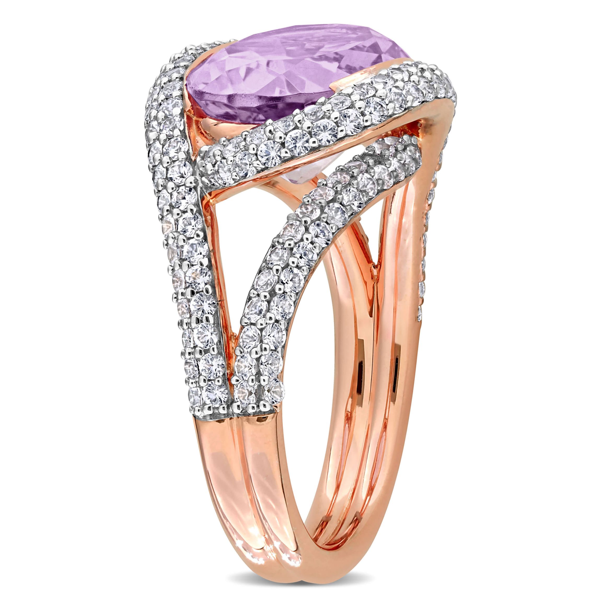 Lab Created Pink Amethyst & Created White Sapphire Halo Crossover Ring in Rose Plated Sterling Silver