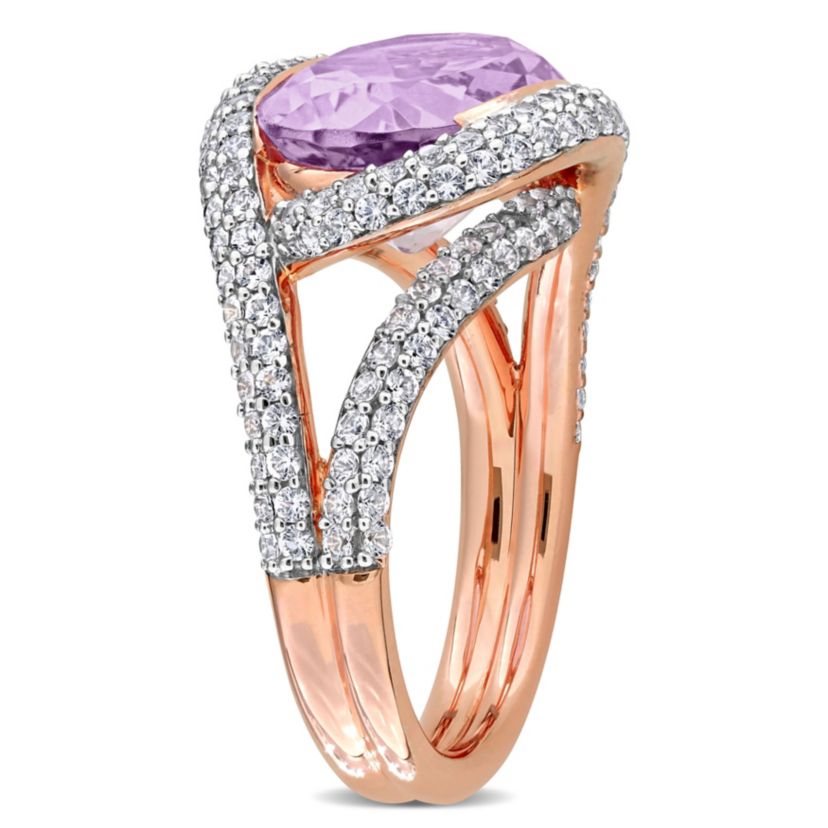 Lab Created Pink Amethyst & Created White Sapphire Halo Crossover Ring in Rose Plated Sterling Silver