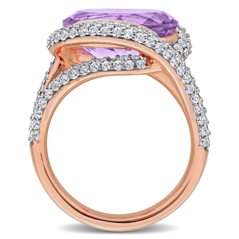 Lab Created Pink Amethyst & Created White Sapphire Halo Crossover Ring in Rose Plated Sterling Silver