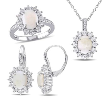 Belk & Co Opal White Topaz Halo Ring, Earrings & Pendant with Chain in Sterling Silver