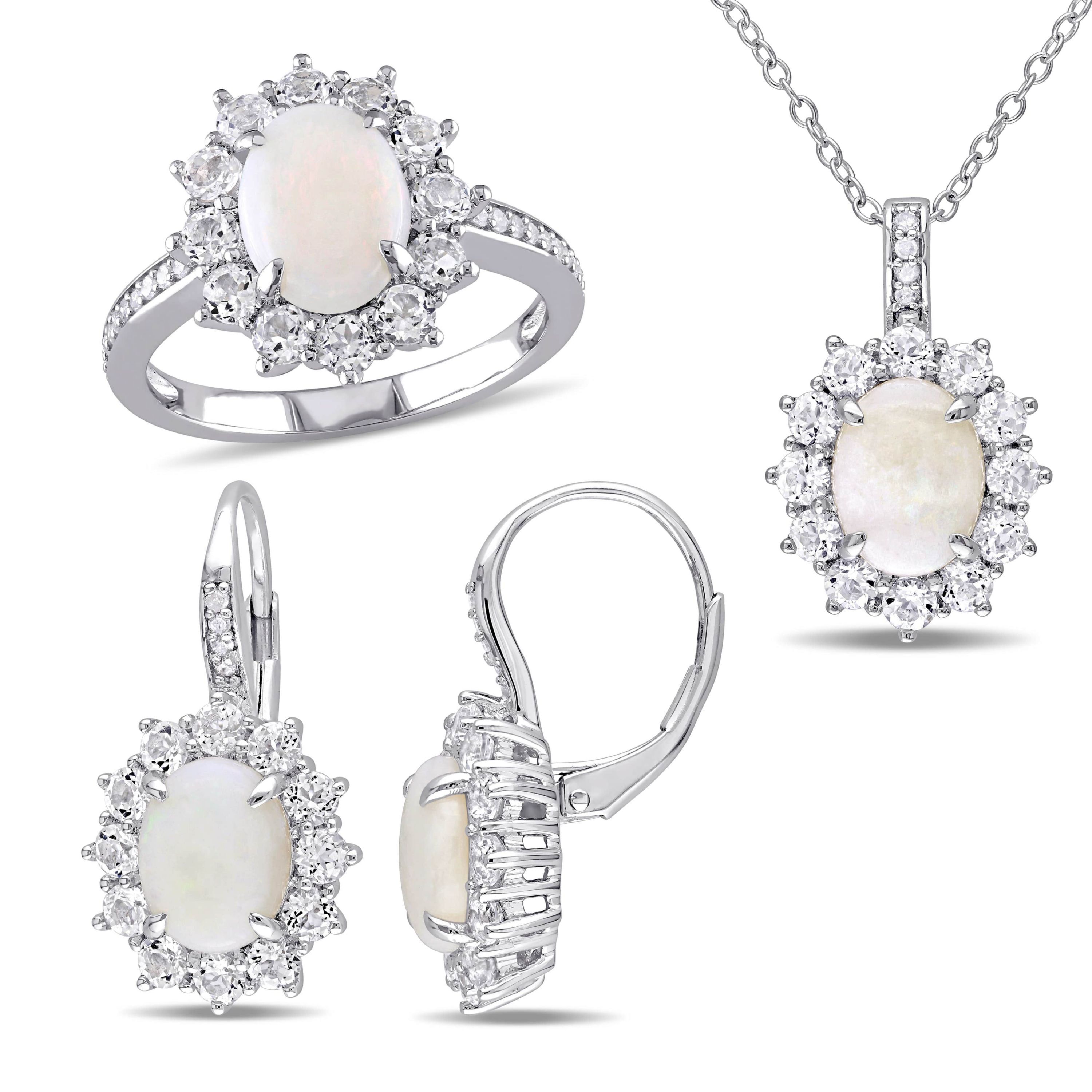 Opal White Topaz Halo Ring, Earrings & Pendant with Chain in Sterling Silver