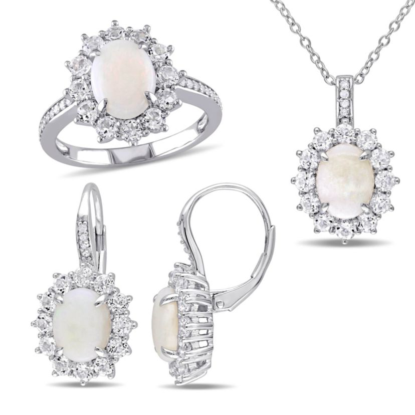Opal White Topaz Halo Ring, Earrings & Pendant with Chain in Sterling Silver