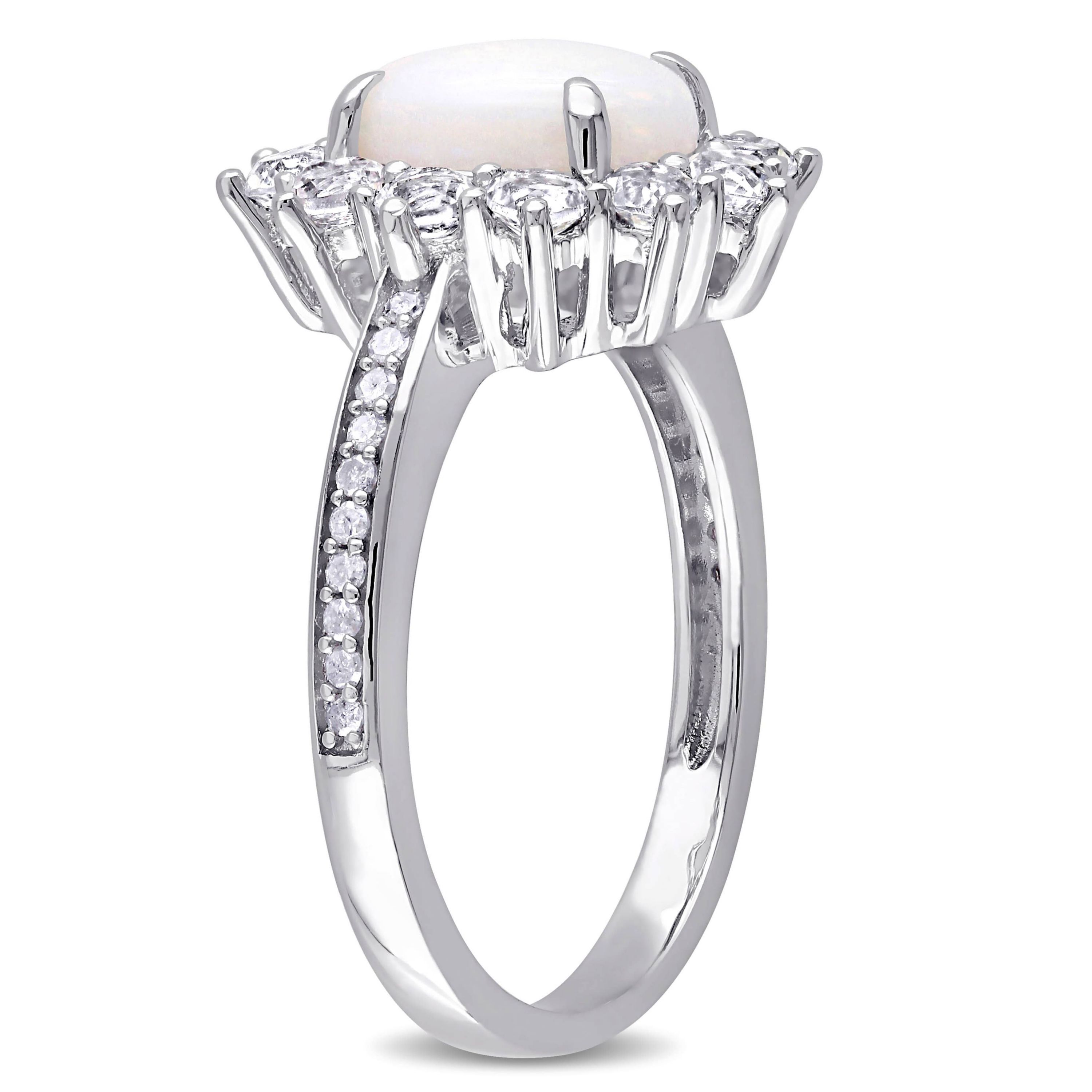 Opal White Topaz Halo Ring, Earrings & Pendant with Chain in Sterling Silver