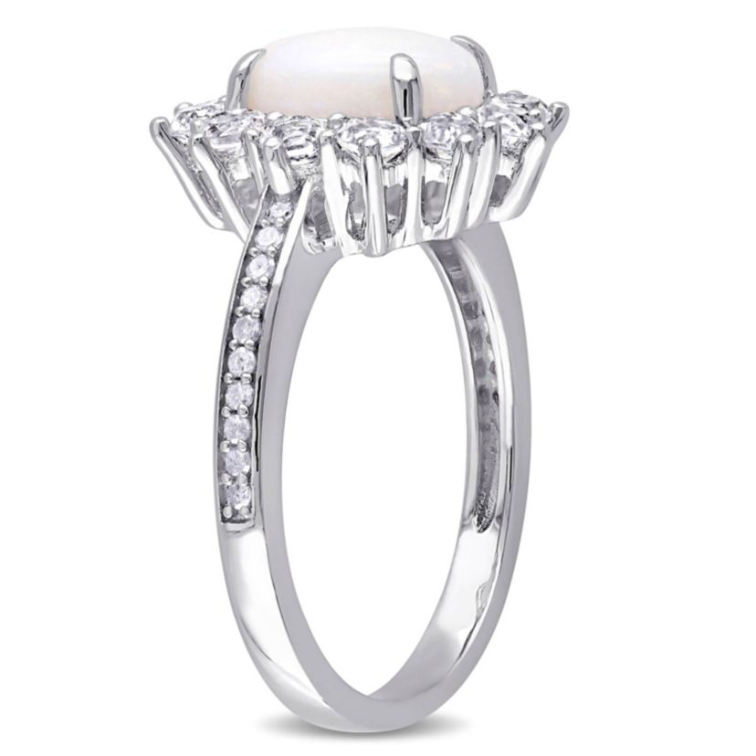 Opal White Topaz Halo Ring, Earrings & Pendant with Chain in Sterling Silver