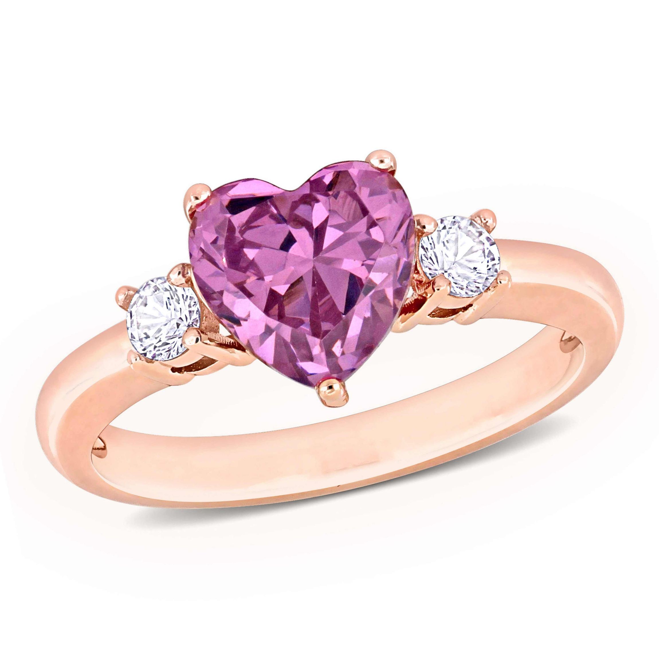 Lab Created Created Pink & White Sapphire 3-Stone Ring in Rose Plated Sterling Silver