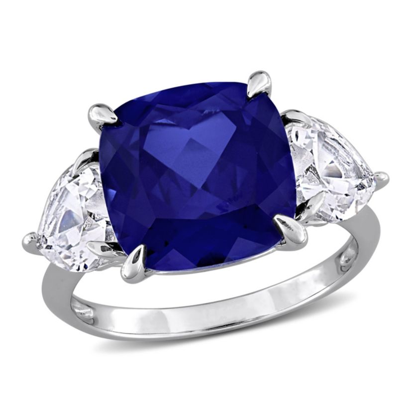 Lab Created Created Blue Sapphire & Created White Sapphire 3-Stone Ring in Sterling Silver